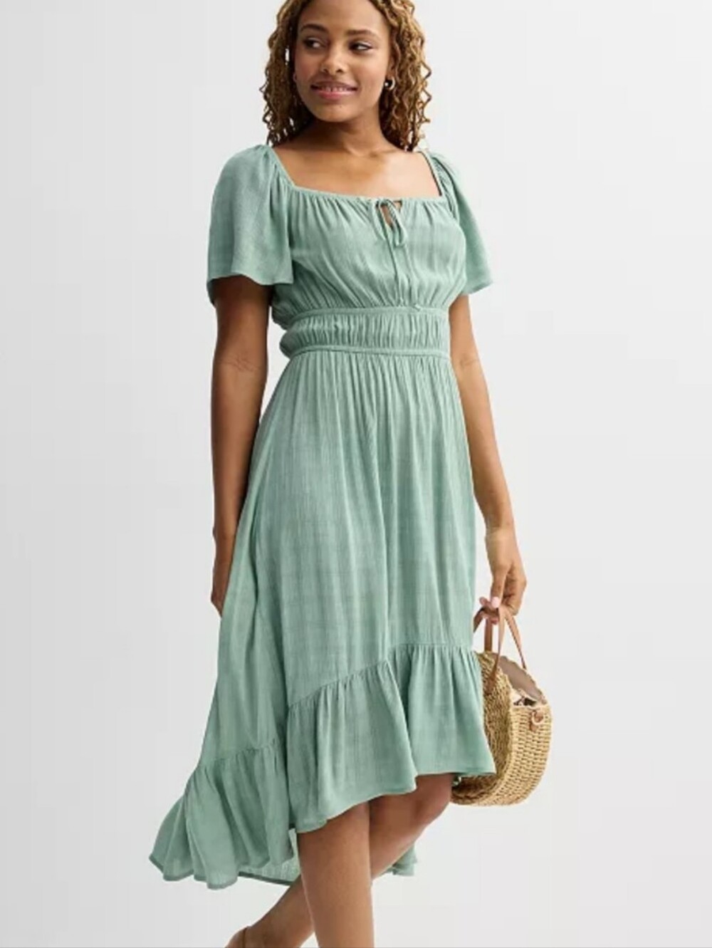 Rewind Sage Green High-Low Midi Dress with Square Neck